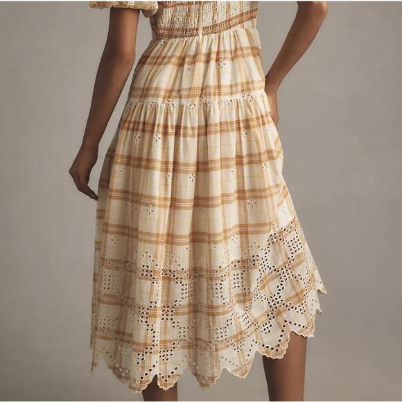 Anthropologie Puff-Sleeve Plaid Eyelet Midi Dress Smocked Waist Yellow M NWOT - Picture 3 of 10